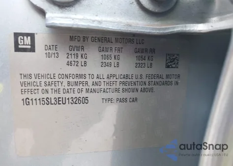 2014 Chevrolet Impala 1Lt from USA, damaged, VIN 1G1115SL3EU132605